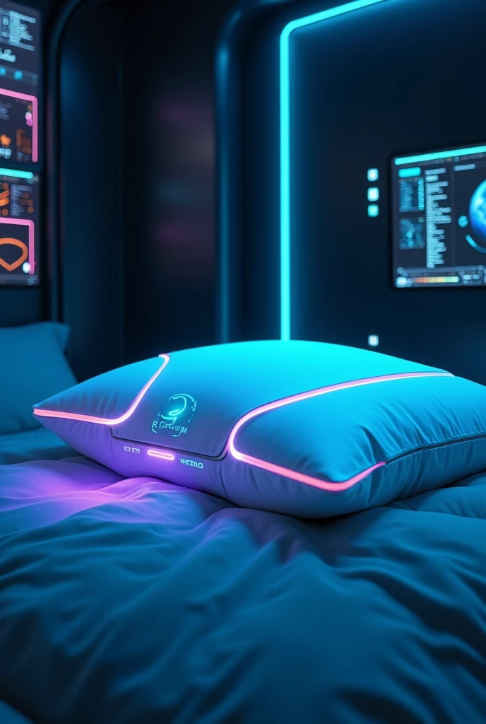 Futuristic pillow who record dreams and use cyberpunk colours.  