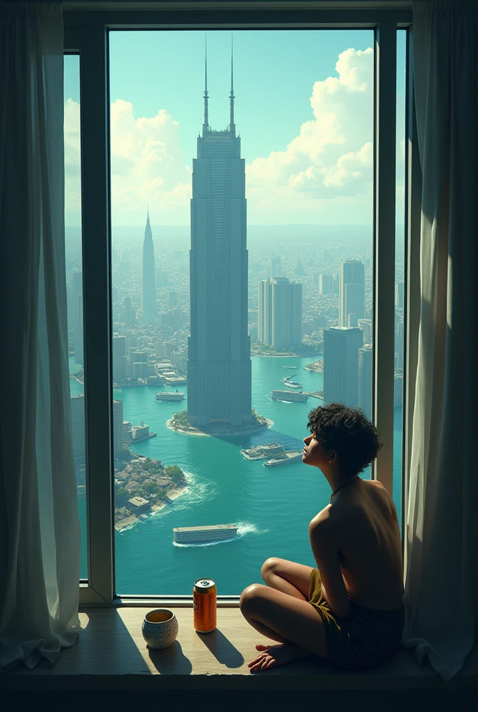 submerged city, lone survivor fishing from high-rise window, can of beer beside, yawning casually, relaxed day amid disaste