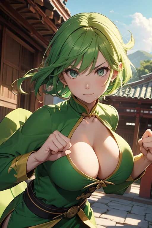 (anime) adult woman, martial artist, monk, green chinese short dress with dragons pattern, chesnut hair, temple background, big breasts, cleavage, hands with 5 fingers, (punching), (wind around fists)