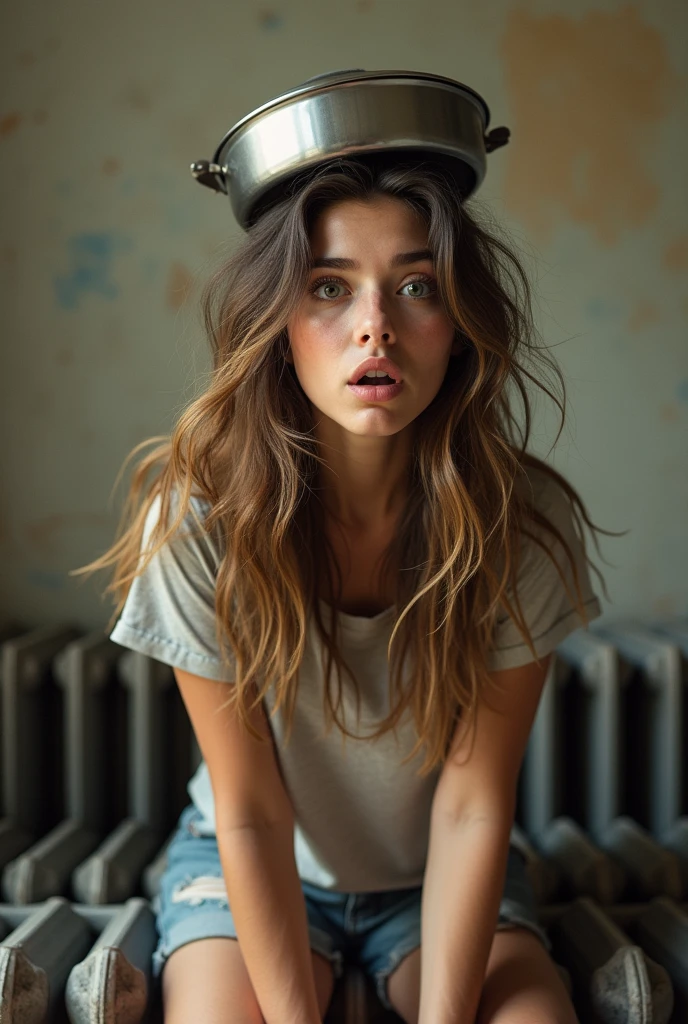 young dark blonde woman sitting on top of radiators, long hair, she is wearing a hot pan and a top, surprised girl