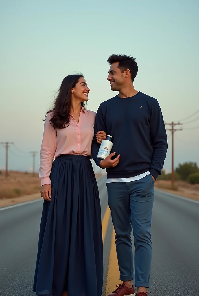 A real life beautiful Lebanese woman on a beautiful long sleeve pink shirt and navy blue long skirt with her American male partner on a navy blue attire and chinos, smiling on a long road alone, holding a large skin care lotion bottle in one hand, riding on a motorcycle together, smiling and happy, with a subtle background of stars or a compass, symbolizing their journey together being guided by destiny.

With a caption of: I Write Books on Skincare, Relationship and Destiny.