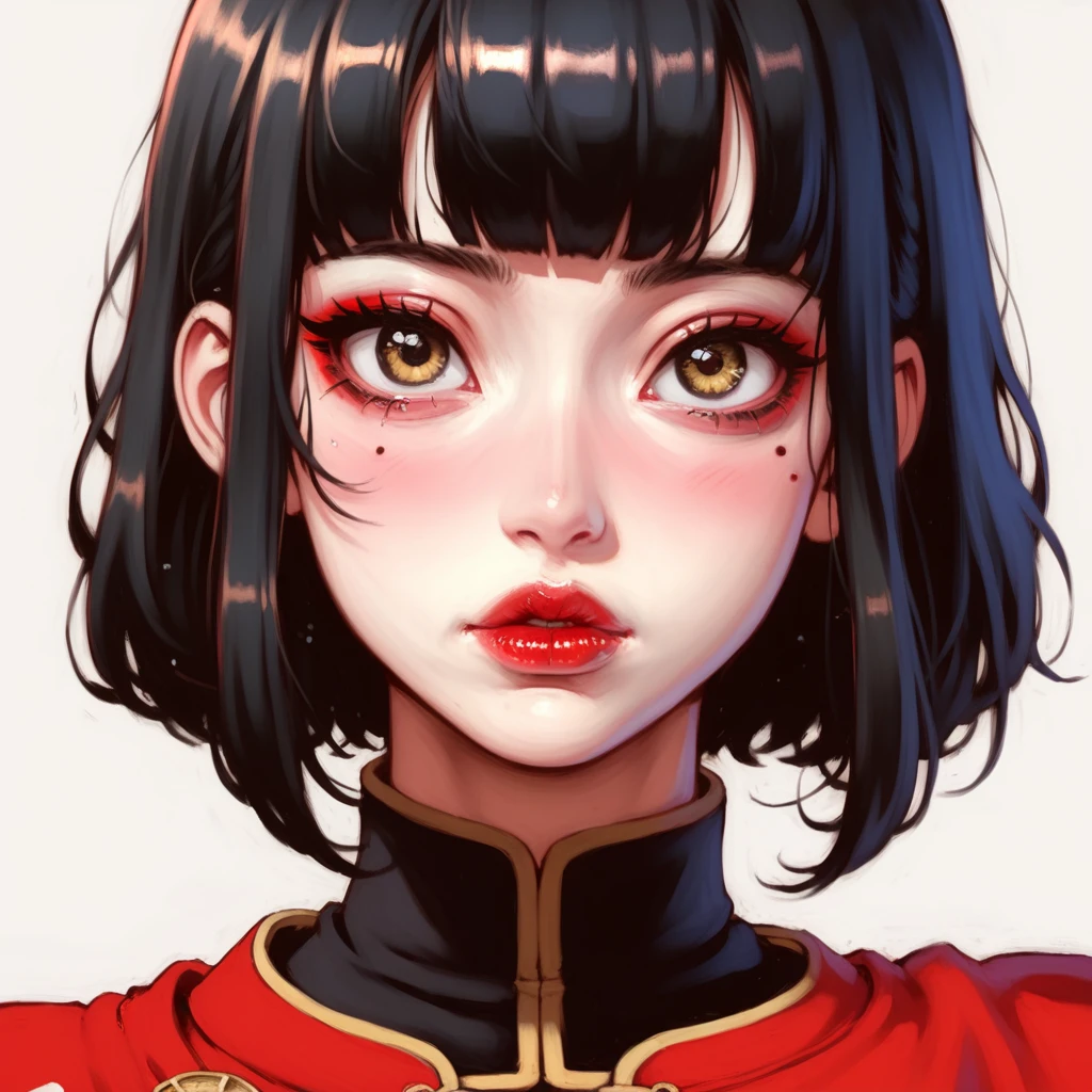 score_9, score_8_up, score_7_up, detail, anime, 4K, Plump lips, deep shadow, depth of field, HDR, japanese art style, perfect face, textured skin, skinny, medium boobs, black hair, bangs, really short hair, short bob cut, gold eyes, red eyeshadow, red lip,