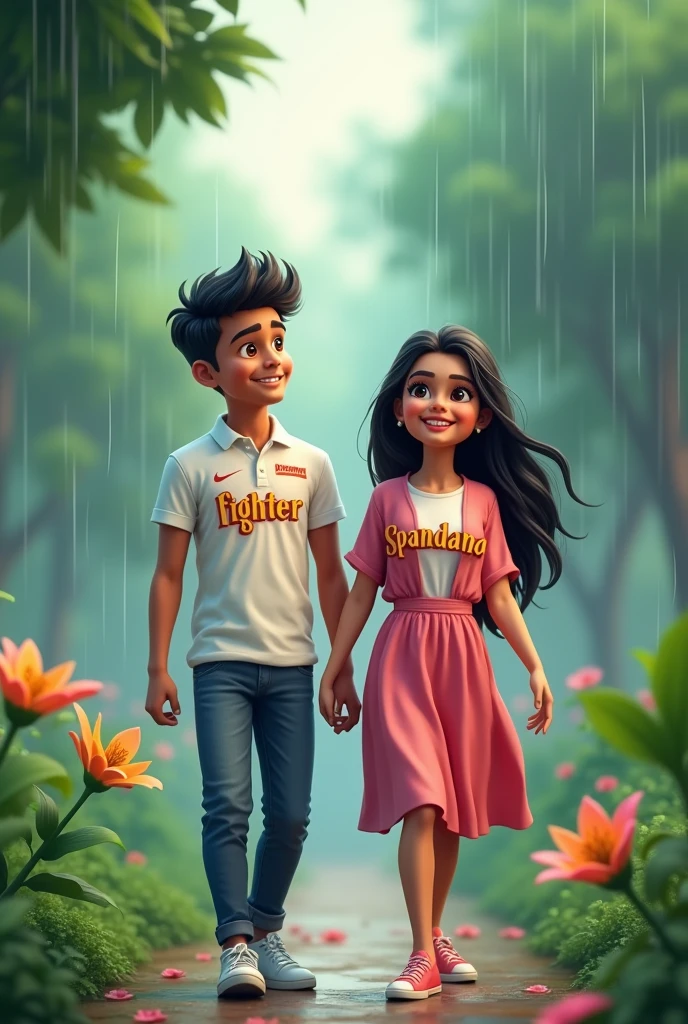 a Indian couples   younger age under  , walking in park , rain weather both hands in shoulder enjoying rain
 the boy is wearing a white printed  shirt , the girl with pink white mix printed shirt and without in shirt,stylish and  boy name with "FIGHTER" small written on it's back , girl name with "SPANDANA" small written on it's back ,  in big and bold fonts, 3d illustration 
