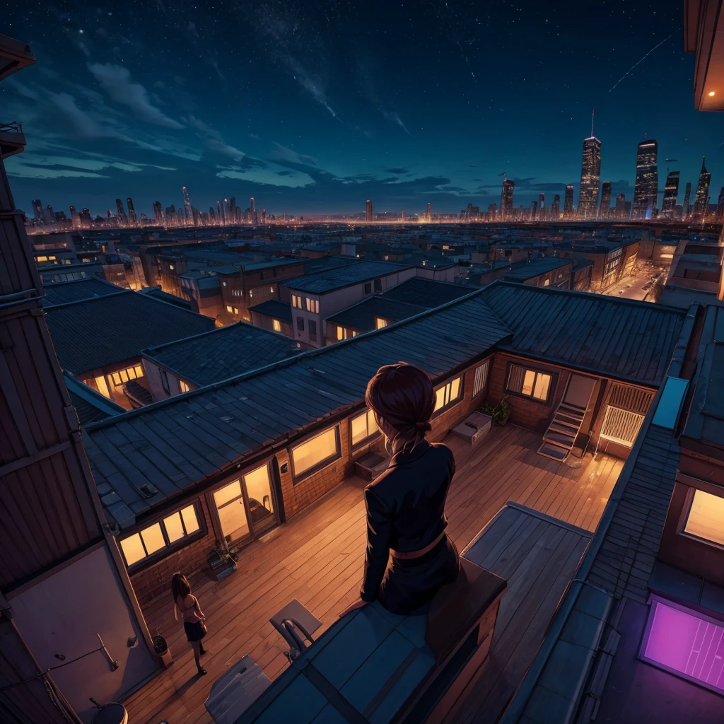 Album Artwork of an urban landscape featuring a night party in a rooftop with a girl in the center showing his but.