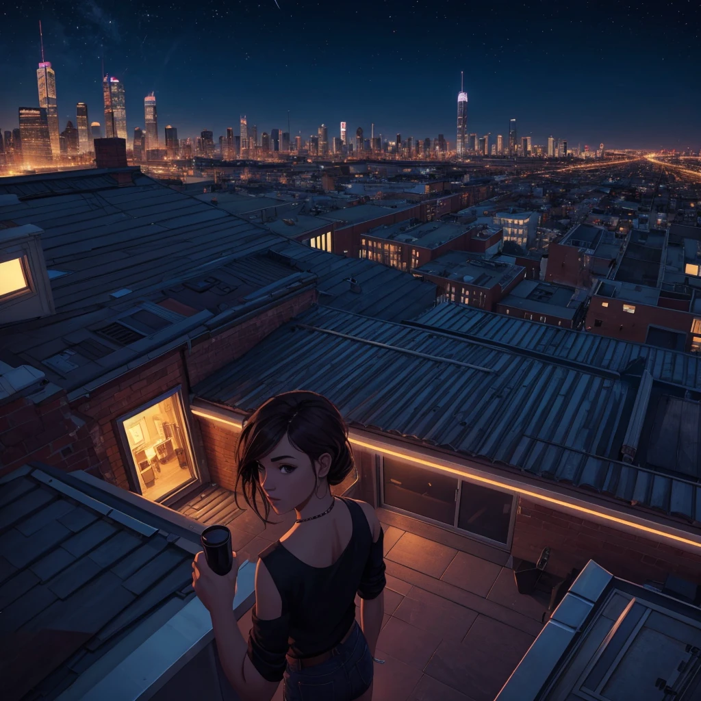 Album Artwork of an urban landscape featuring a night party in a rooftop with a girl in the center showing his but. 
