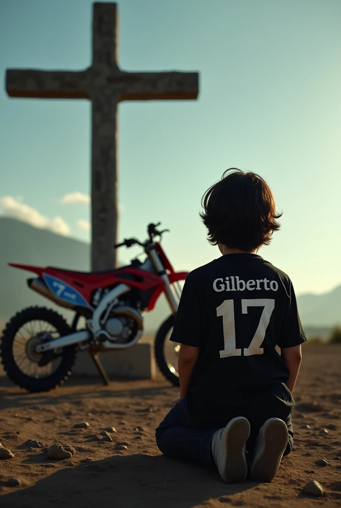 High quality photography, of a 17-year-old boy with his back to the side has an enduro motorcycle , kneeling praying in front of the cross of Jesus He has a black shirt, On his back he has the name Gilberto and below the number 17