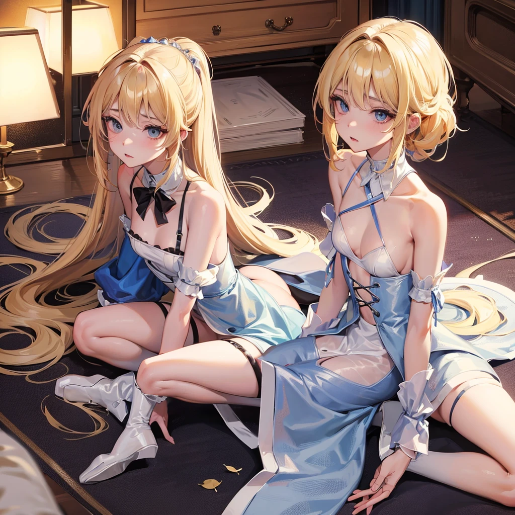 blond hair,blue eyes,she  anime little sister,she have small  body,she dressed in  dress,she stay on knees,she suck 