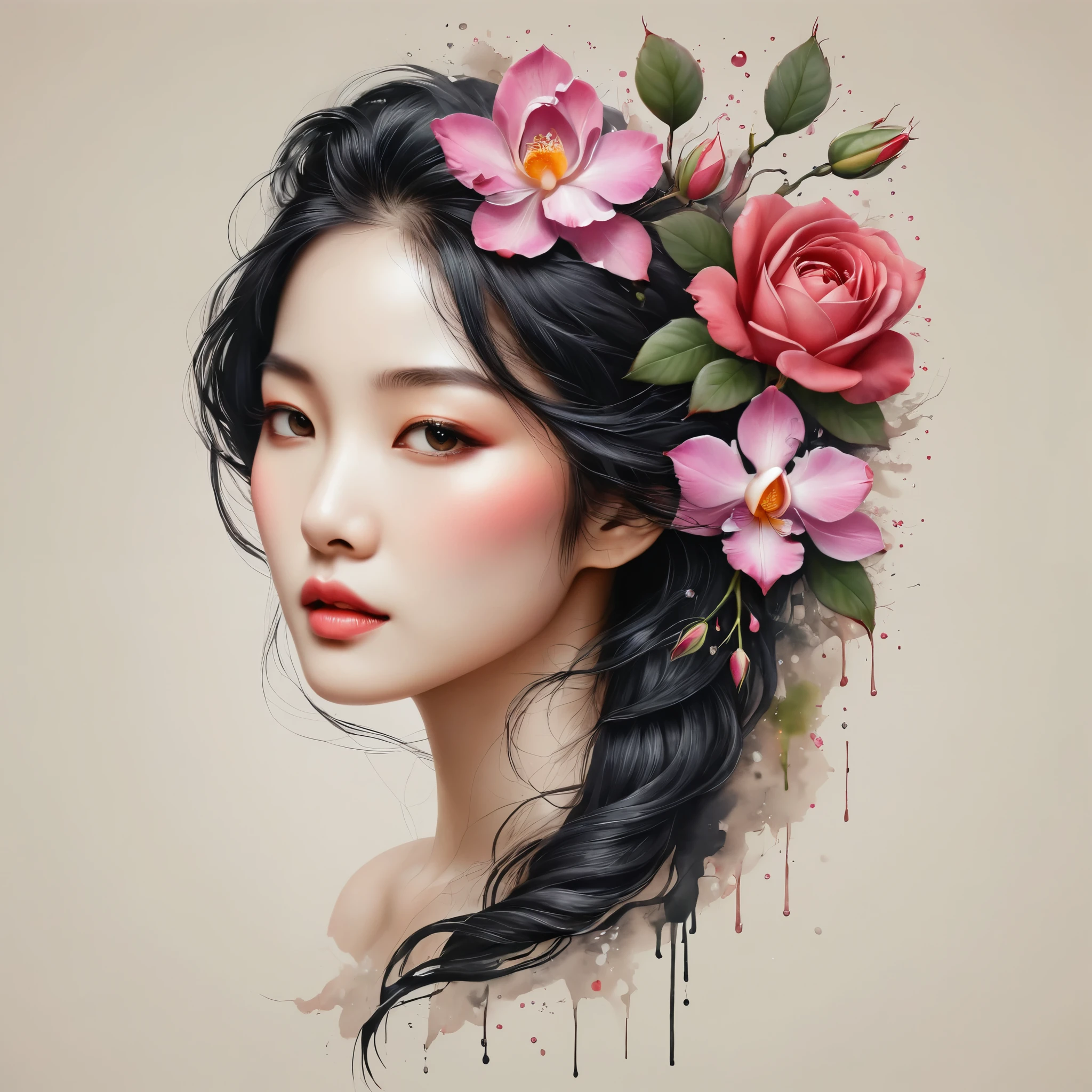 modern minimalist art，（Close-up of Chinese woman with rose tattoo on neck）,This woman has a beautiful and delicate face with long black hair.，（Detailed orchid tattoo pattern on neck：1.3），Illustrates??the one with the flowing hair，fair face， Scrawny, gorgeous eyes， elegant digital art, beautiful digital illustrations, beautiful character painting, with soft paint splashes, with some slightly dripping drops, with a high wealth of delicate details
