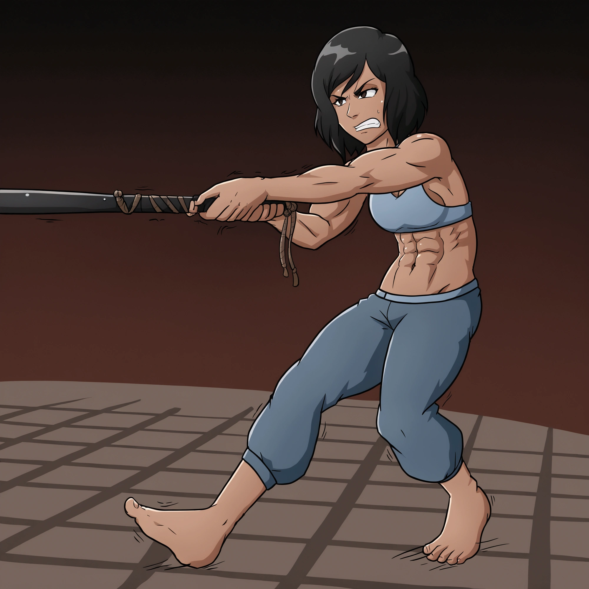 cartoon of a woman pulling a rope with a hammer, unsheathing her katana, fight pose, dramatic wielding sword pose, badass pose, wielding a keris sword, wielding a katana, dramatic wielding katana pose, she is holding a katana sword, combat pose, fighting pose, wielding a whip, practising her sword staces, wielding a sword