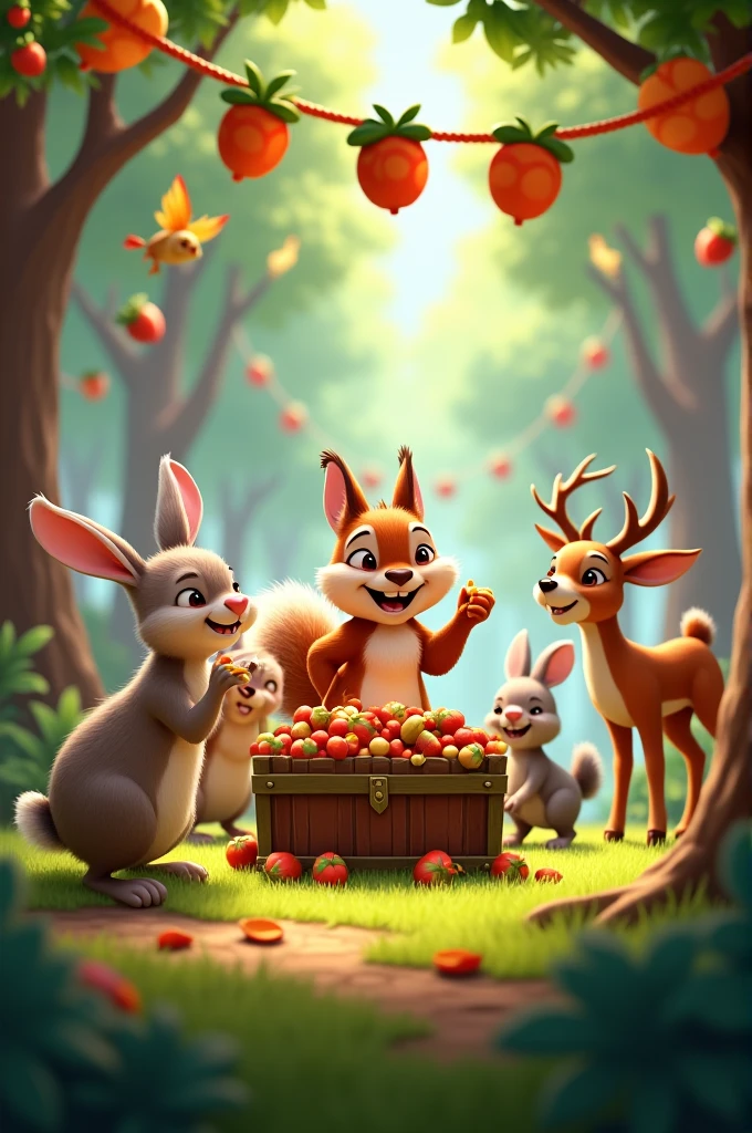Forest Celebration: Various forest animals, like rabbits, birds, and deer, joyfully gathered around Sammy the Squirrel, who is at the center, with the chest of acorns and colorful decorations hanging from the trees.