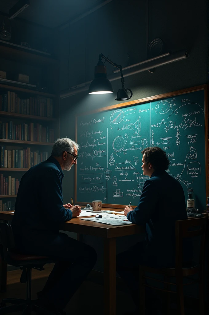 Theory of relativity solving on black board by scientists add dark theme 