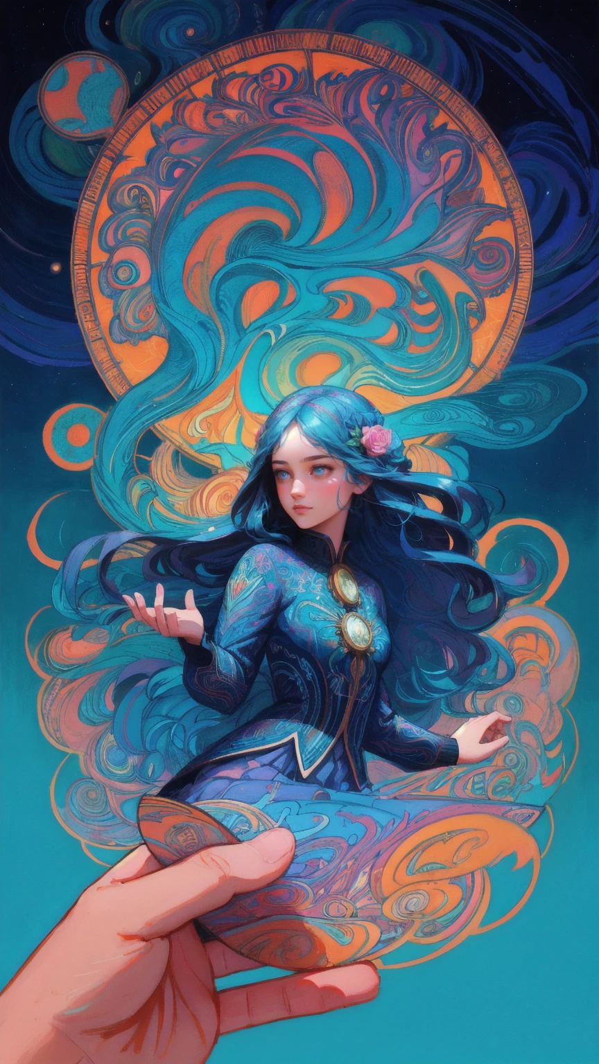 
there is a painting of a beautiful girl  reaching for a coin, dan mumford and alex grey style, fractal thunder dan mumford, el bosco and dan mumford, in the style dan mumford artwork, anton fadeev and dan mumford, by Dan Mumford, cyril rolando and m. w kaluta, cyril rolando and m.w kaluta, painting by dan mumford blue background