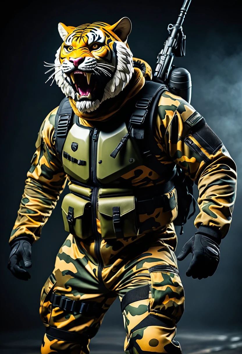 (a dark-skinned bearded fat muscular old man in a skintight army camouflage zipper diver suit) carrying an AK-47, (wearing a small-sized realistic roaring tiger mask), dynamic action pose, fierce expression, showcasing an imposing stature, surrounded by military elements, dramatic shadows and intense highlights, cinematic color tones, high detail, powerful, art influenced by Bruce Onobrakpeya and Stanley Artgerm, ultra-detailed, best quality image, action-packed atmosphere. 