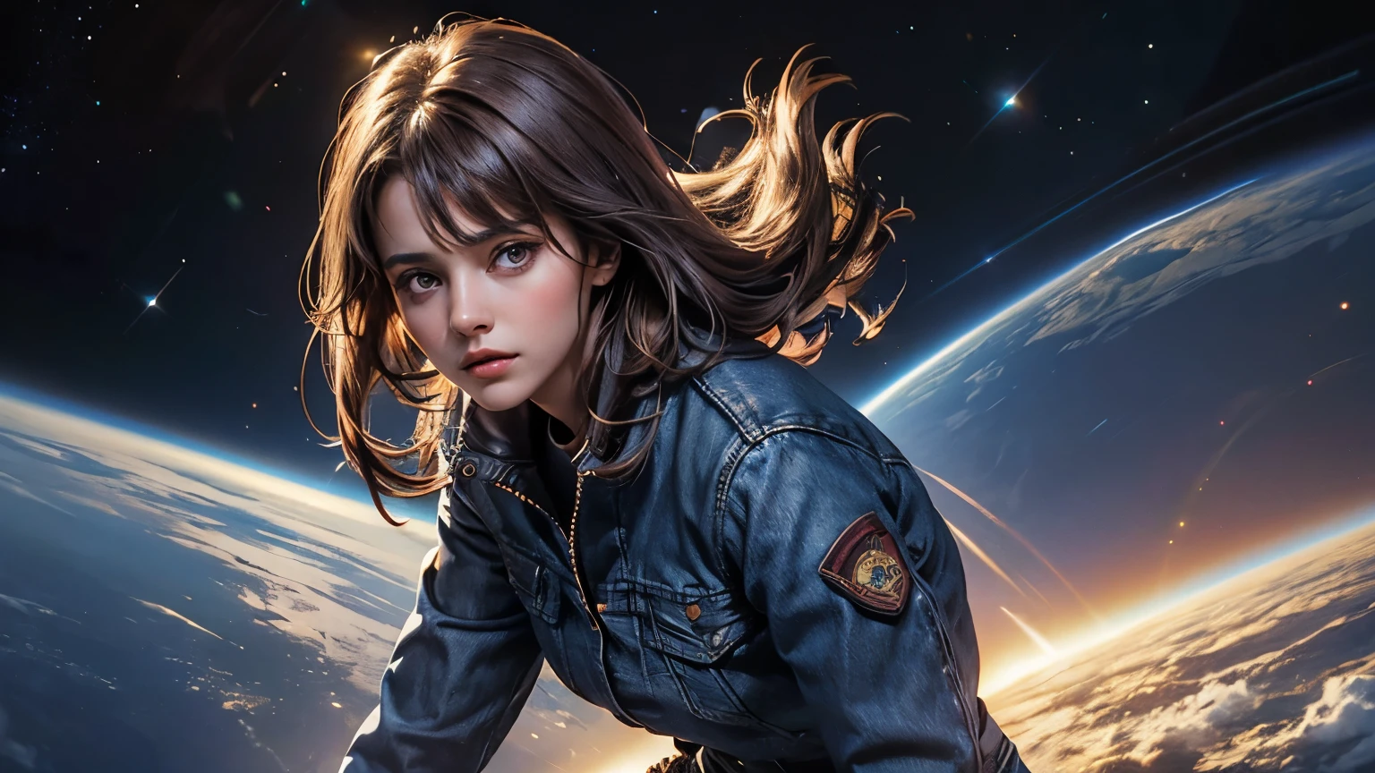 A beautiful woman. Dark brown hair. Twenty years old. She is looking at the camera with a serious expression. She wears blue jeans with her jacket. An image of four-dimensional space-time from the space behind the woman.