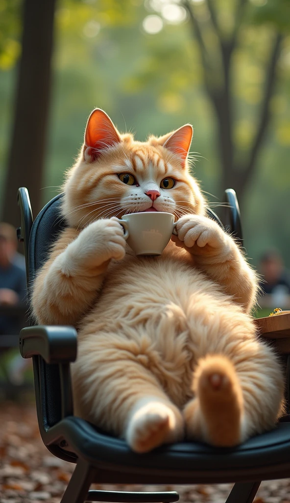 Newspaper photo\(realistic big fat cat drinking capucino in cup) sitting on chair, feeling adolescent, at central park side, color photo\)
