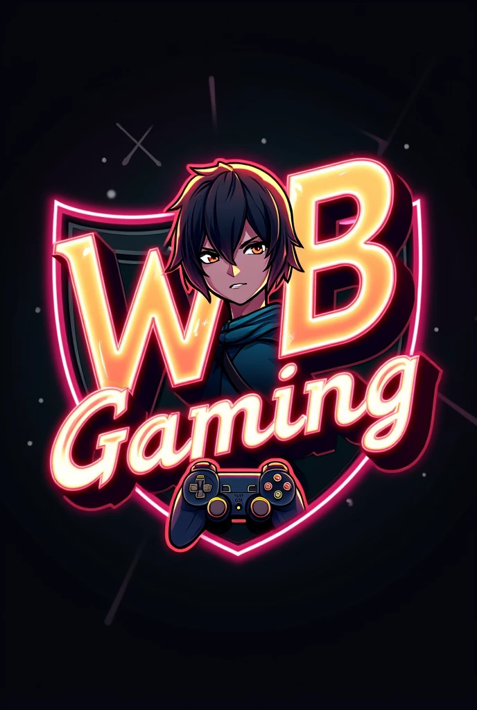 This is a gaming logo That features The name "WB GAMING" a futuristic font and a neon Golden color and Boy Anime artar The logo also has a stylized controller icon. The logo is designed to be attractive and eye-catching and to appeal to gaming enthusiasts and