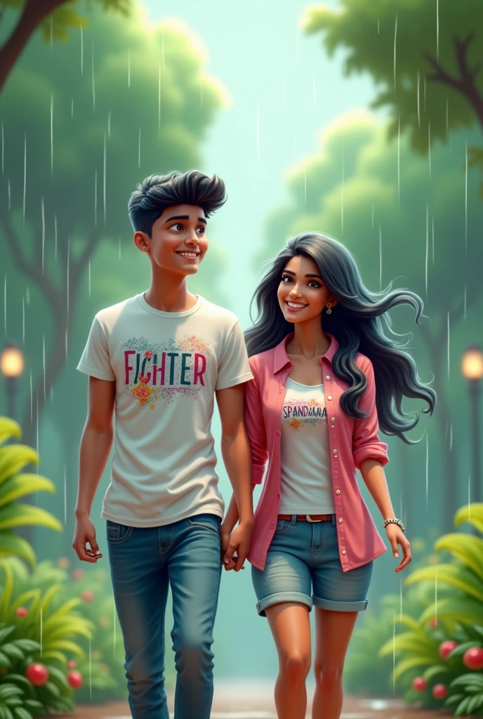 a Indian couples younger age under , walking in park , rain weather both hands in shoulder enjoying rain
the boy is wearing a white printed shirt , the girl with pink white mix printed shirt and without in shirt,stylish and boy name with "FIGHTER" small written on it's back , girl name with "SPANDANA" small written on it's back , in big and bold fonts, 3d illustration