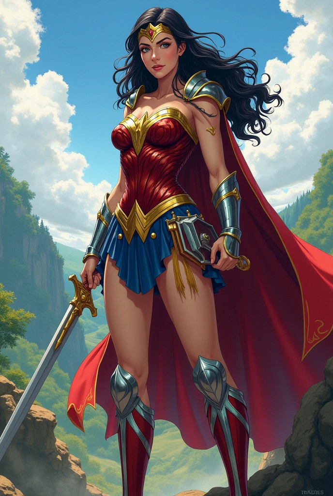 Diana Price (wonderwomam) with a medieval clothes being an anime paladin, from head to toe