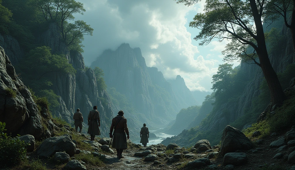 A rugged landscape with dense forests, rocky terrain, and stormy skies, emphasizing the harsh conditions of the New World.