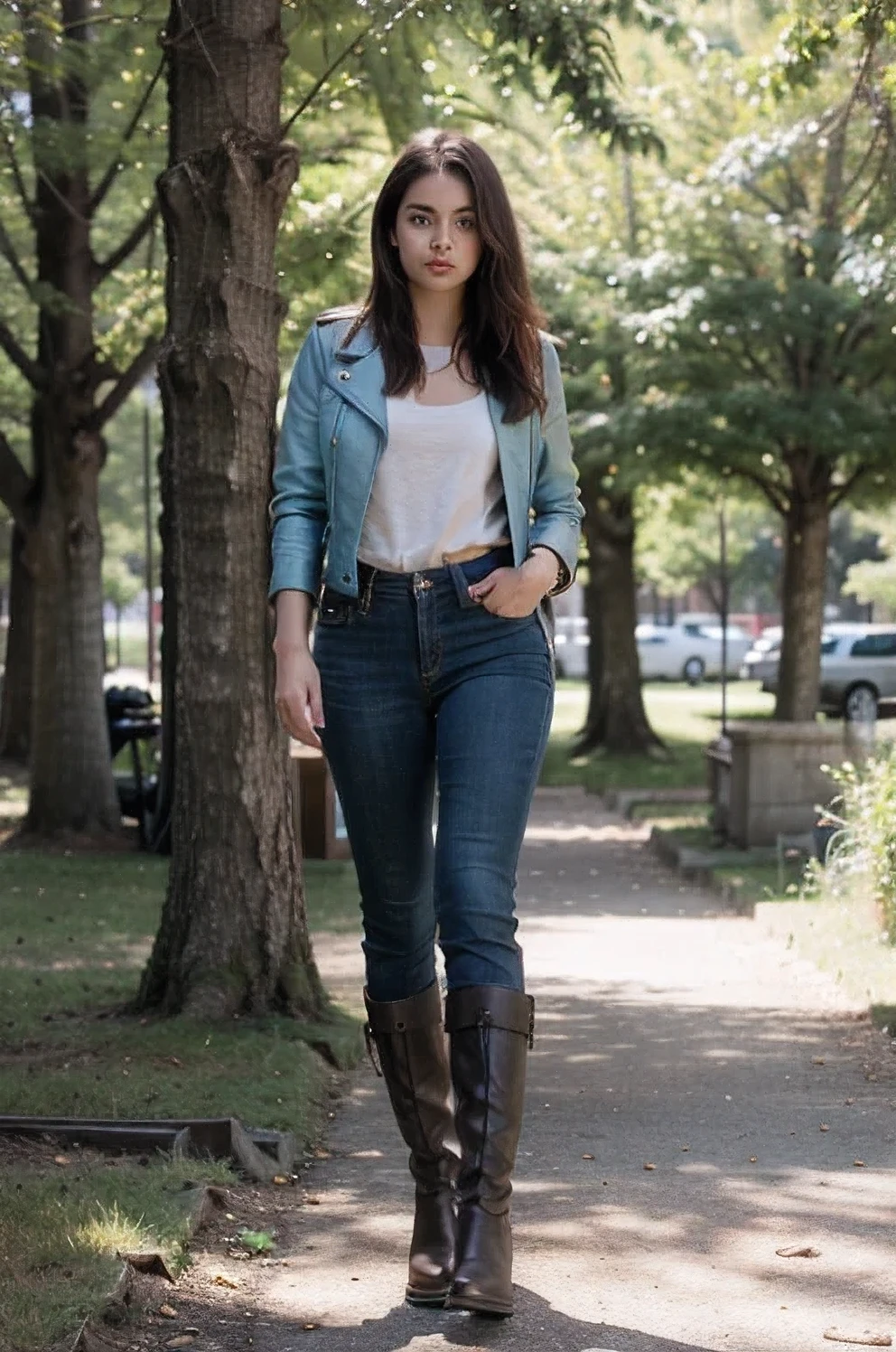 women, latin features, young, 20 years, by rubio, light blue eyes, with leather jacket, jeans and leather boots, POSING ON CAMERA, Full body photo, background with many trees, the sunlight of the day passing through the trees