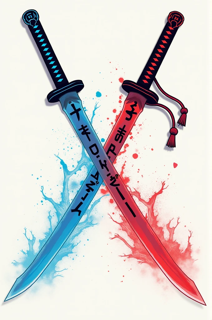 Blue and red crossed anime katana and write Hikari blades in upside down aspect ratio 1.1