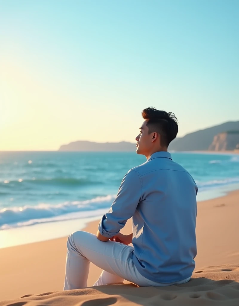 Asian male, 35 year old, dark brown crew cut hair, brown colored eyes, blue shirt and white pants, the sunrise on the Algarve beach, blue sky, blue atmosphere