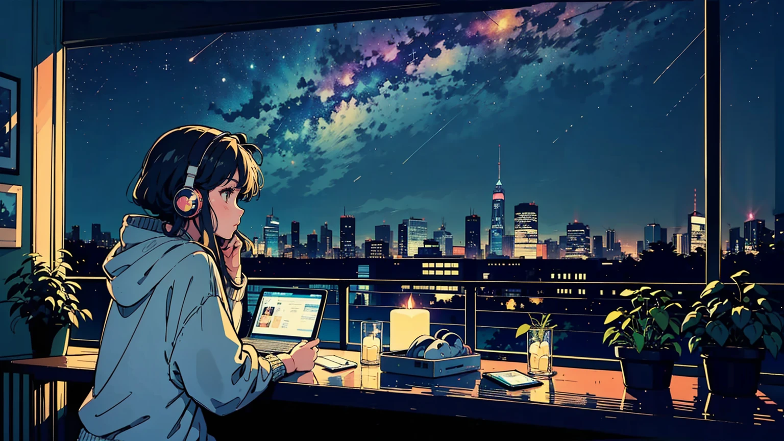 Cozy night balcony workspace, anime style, one young cute girl studying, wearing headphones and oversized hoodie. One cat is on railing. String lights and potted plants hanging, starry night sky backdrop. Warm ambient lighting from candles and fairy lights. City skyline in distance. Lo-fi aesthetic.