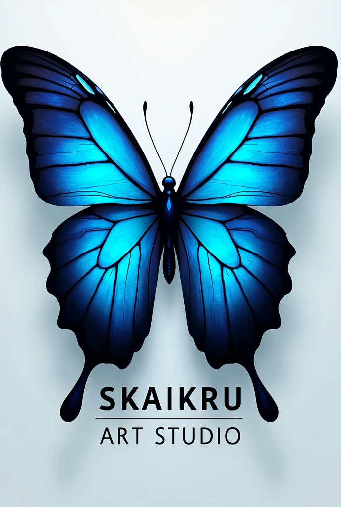 A logo in square size, Inspired by the series The 100 and the butterflies in bright blue, with black letters that say SKAIKRU ART STUDIO 
