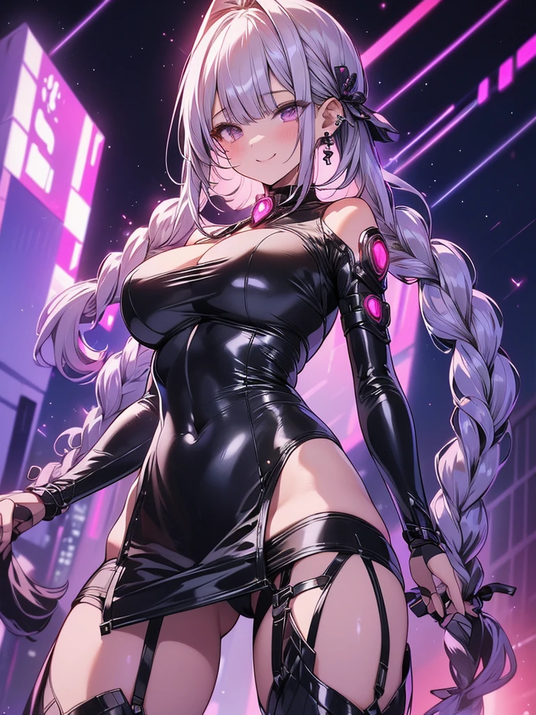 Cyber City at Night,(Gorgeous night view illumination:1.3),(Stand on the roof of a building:1.3)The actress is a very beautiful adult woman..........(Sexy super shiny orange transparent holographic mechanical cyberpunk suit:1.3) ,(Mechanical suit that lights up with brightly colored LEDs:1.3),Surrounded by a network of wires. Surrounded by a web of circuits.Sexy face, a necklace,piercings, Happy smile.Sexy Pose, (Silver hair、Ponytail twisted buns adorned with elaborate braids and beads,Braided Setup Fishbone Hair,),(Bangs are see-through bangs),(hair pin、poneyTail、Floating hair、),breast slip,(Emphasis on large breasts:1.3),profetional lighting,Cinematic Light,(masutepiece,top-quality,Ultra-high resolution output image,) ,(The 8k quality,),(Sea Art 2 Mode:1.3),,(Image Mode Ultra HD,)