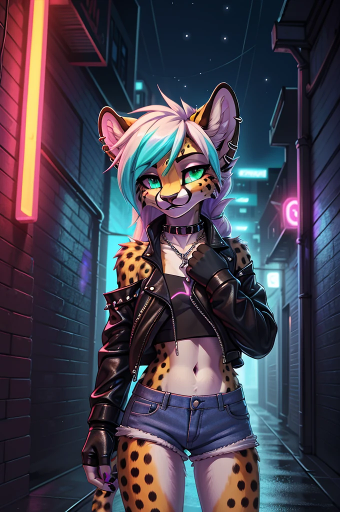 Youthful, tall, slim, frail slender figure, distinctly feminine figure, narrow hips, long legs, close-up shot. Species: Cheetah.

Hair: Vibrant magenta, styled in a long, sleek ponytail with shaved sides. Texture is straight and glossy.

Eyes: Wide, alert eyes with vertical slit pupils. Intense emerald green irises with flecks of gold.

Fur: Short, sleek fur in pale golden yellow. Distinctive black spots scattered across face and neck. Black "tear lines" running from inner eye corners down to mouth.

Clothes: Edgy, urban-chic outfit. Cropped, off-shoulder black leather jacket with silver studs. Neon blue crop top underneath. High-waisted, distressed white denim shorts. Fishnet stockings. Combat boots in metallic silver.

Accessories: Multiple silver ear cuffs along the rim of each ear. Septum ring. Chunky chain necklace with a lightning bolt pendant. Fingerless gloves in electric blue. Carrying a holographic backpack.

Pose and Expression: Face turned three-quarters to the viewer, chin slightly lowered, eyes looking up through long lashes. Sly, confident smirk playing on lips.

Activity: Applying vivid purple lipstick, compact mirror held in other hand.

Background: Neon-lit urban alleyway at night. Graffiti-covered walls, puddles reflecting colorful neon signs. A distant city skyline visible at the end of the alley.
