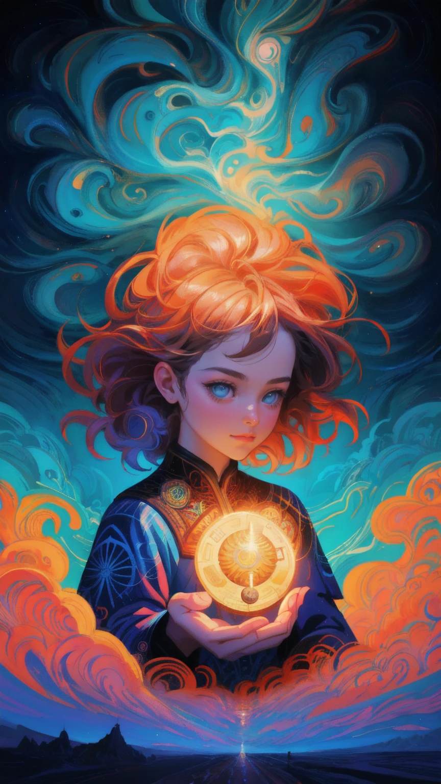 there is a painting of a cute girl reaching for a coin, concept art by Dan Mumford, behance contest winner, digital art, dan mumford and alex grey style, fractal thunder dan mumford, el bosco and dan mumford, in the style dan mumford artwork, anton fadeev and dan mumford, cyril rolando and m.w kaluta blue background