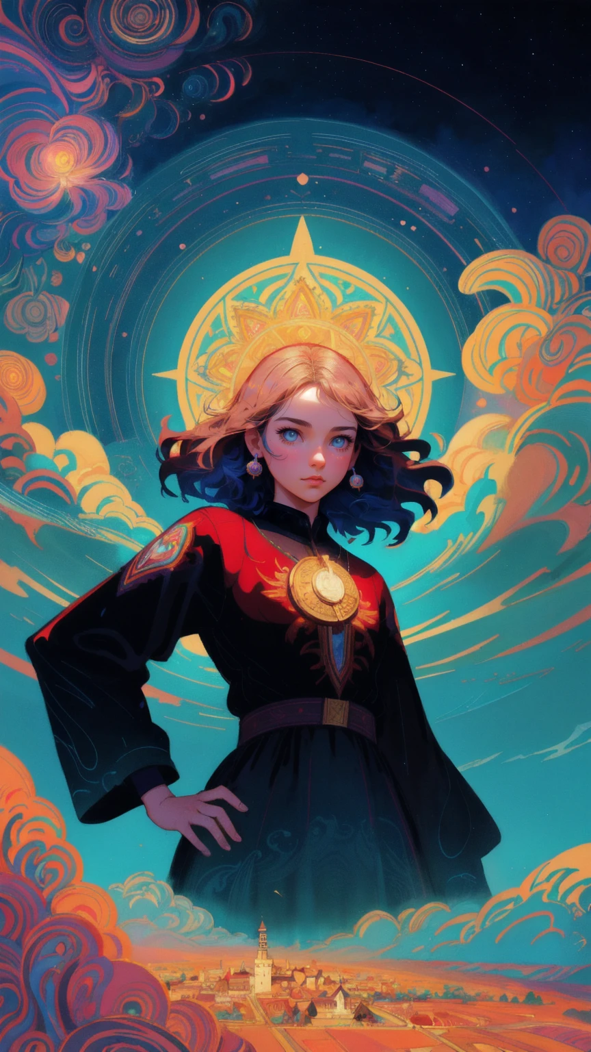 there is a painting of a cute girl reaching for a coin, concept art by Dan Mumford, behance contest winner, digital art, dan mumford and alex grey style, fractal thunder dan mumford, el bosco and dan mumford, in the style dan mumford artwork, anton fadeev and dan mumford, cyril rolando and m.w kaluta blue background