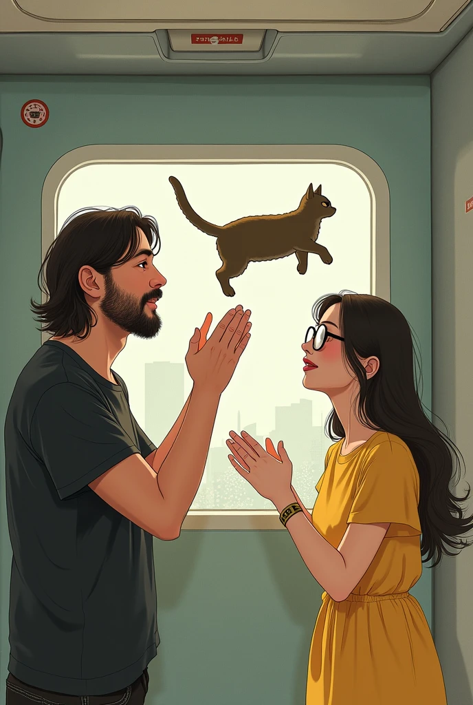 A couple where the boy black t shirt,long hair and low beard then the girl is yellow dressed, head bend, wristband,wear eyeglasses. A cat in the air, and the couple take catching position by open hands   to catch the cat, the background is in the shuttle train