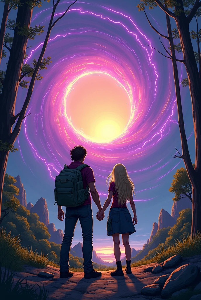 Style dessin
Journée ensoleillée,
Un homme type aventurier et une femme aux cheveux longs et clairs, d'une vingtaine d'années chacun se trouvant au millieu d'une clairière entourée d'arbres, de dos se tenant par la main, en tenue post apocalyptique s'aprettent à franchir un vortex interdimensionnel circulaire tourbillonnant, la circonférence de ce vortex est est faite d'énergie crépitante et electrisée et émet une lueur violacée , il est situé à quelques mètres d'eux. Au travers duquel on aperçoit un plateau rocheux surplombant une vallée luxuriante, le soleil couchant