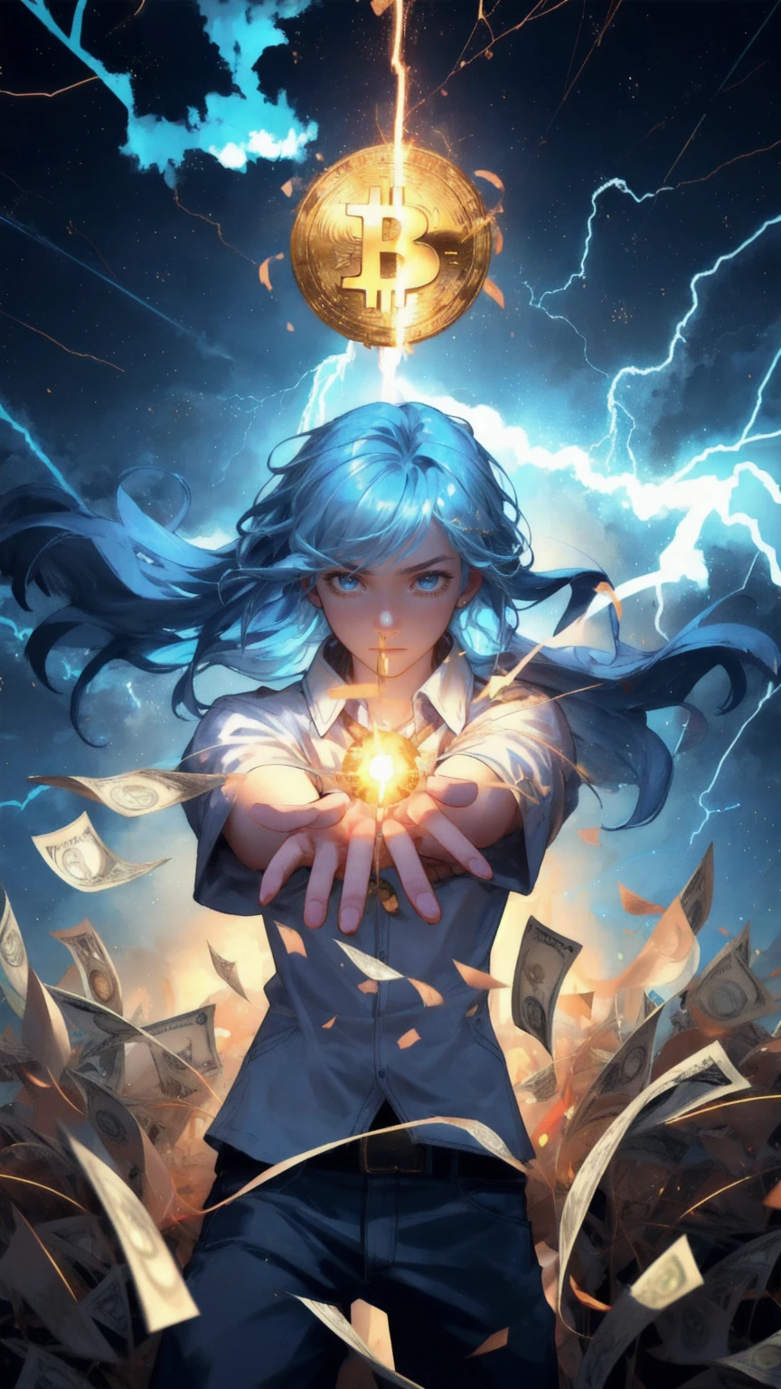 A mythical figure with a distressed expression, reaching out desperately as golden bitcoins and dollar bills swirl around in a chaotic storm. The background is a deep blue sky with lightning striking, emphasizing the intensity of the financial turmoil. The figure’s hands are outstretched, trying to grasp the money as it slips away, symbolizing the struggle during a financial downturn.