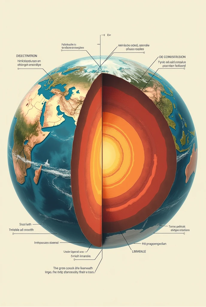Create an image: A detailed, labeled diagram showing the layers of the Earth in a cross-section.