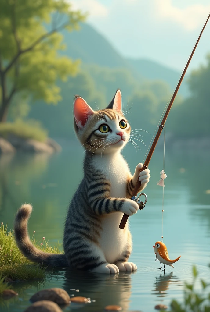 Cat is sitting and fishing with a fishing rod.