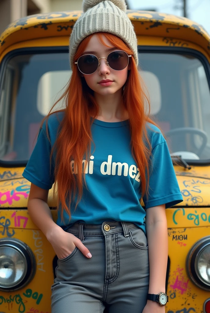 Portrait of a 17 year old Russian girl with long, straight red hair, wearing a knitted hat and sunglasses, wear a watch,blue t-shirt ,on his shirt was written the name "ANI DMEZ"gray pants,leaning on a Din Ding,and Din Ding was full of scribbles with the name Ani jahe subang,with colorful paint