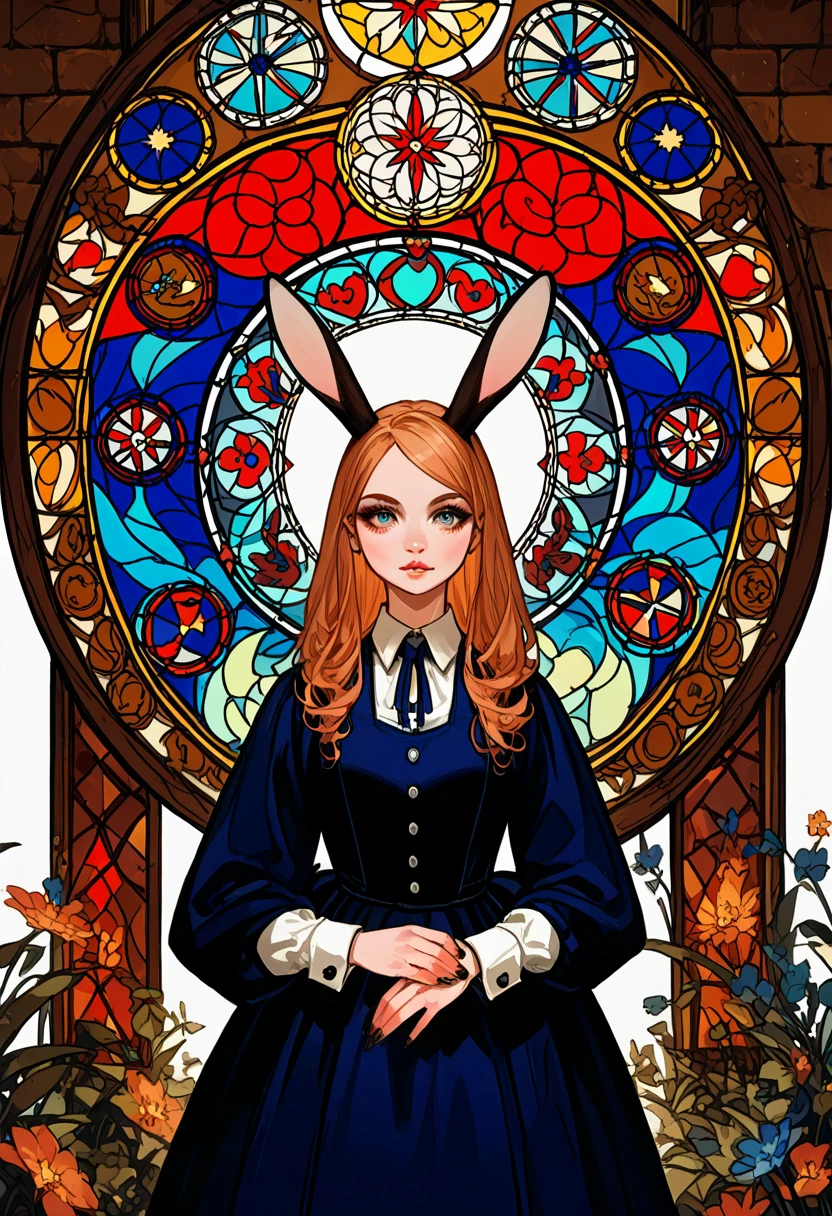 rating_safe, score_9, score_8_up, score_7_up, score_6_up, score_5_up, score_4_up, hires, source_furry, cover_page, medieval times, mystical, Alice in Wonderland, 1girl, Rabbit in a suit, Sil Off from Isometric Anime, stained glass, On White Background, Geometric composition,
