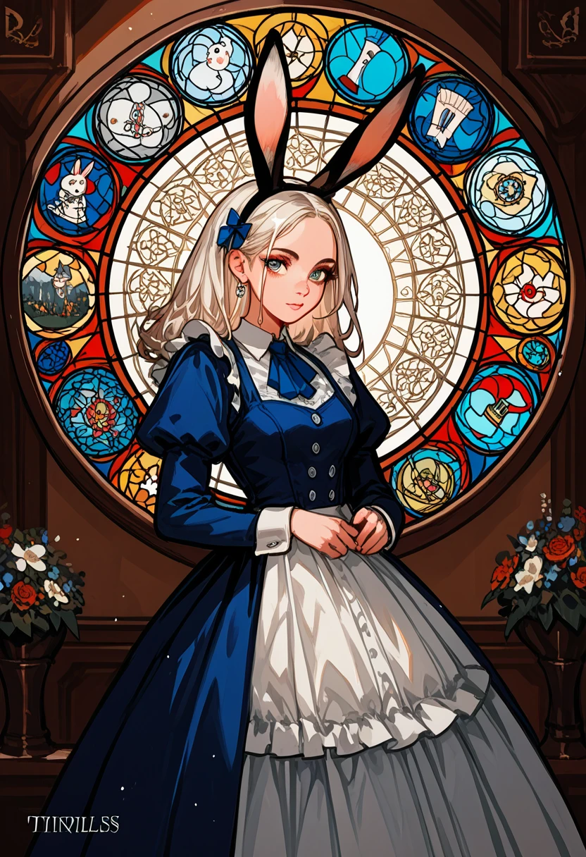 rating_safe, score_9, score_8_up, score_7_up, score_6_up, score_5_up, score_4_up, hires, source_furry, cover_page, medieval times, mystical, Alice in Wonderland, 1girl, Rabbit in a suit, Sil Off from Isometric Anime, stained glass, On White Background, Geometric composition,
