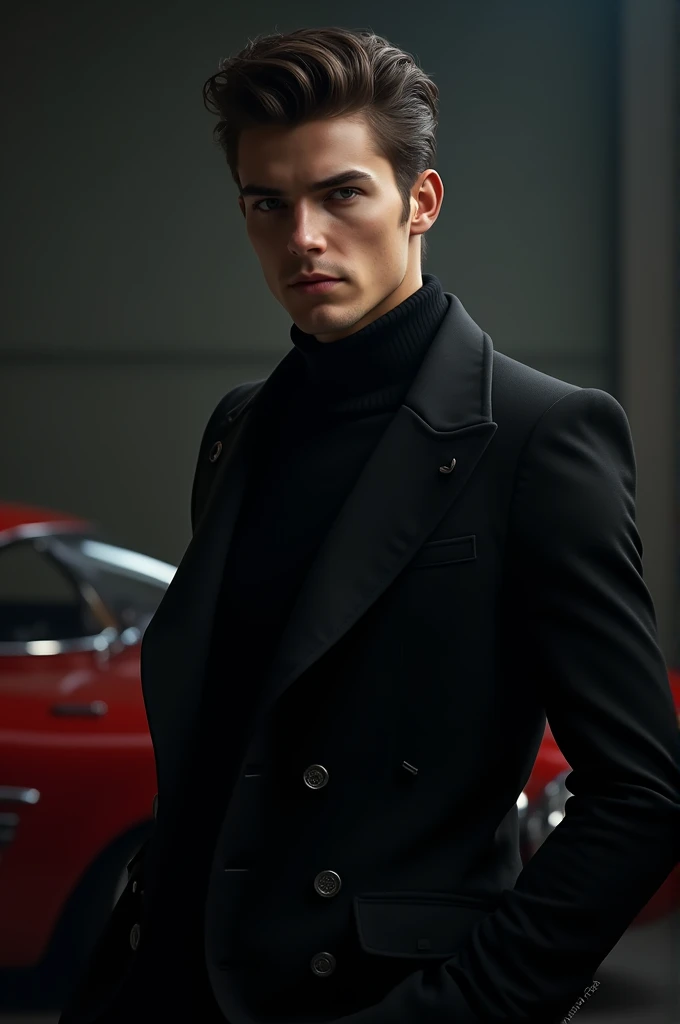 A handsome boy black pentcoat wearing and black background car
