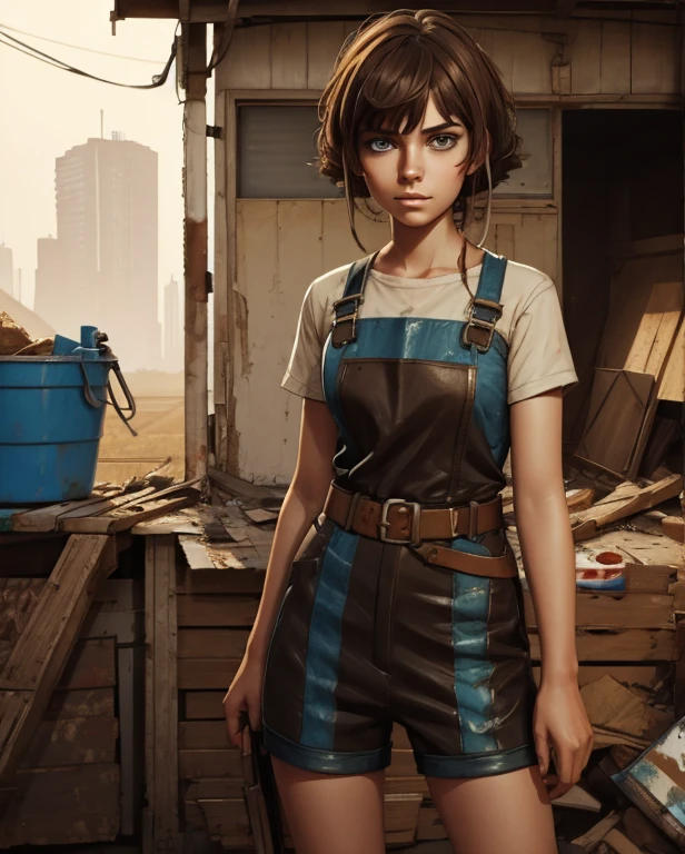 Farmer girl, worker, cyberpunk, damaged, brown short hair, , Painting style, Vanvas-Texture, Brushstrokes