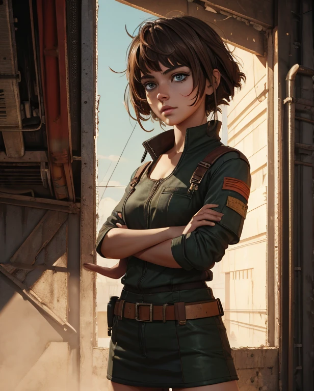 Farmer girl, worker, cyberpunk, damaged, brown short hair, , Painting style, Vanvas-Texture, Brushstrokes