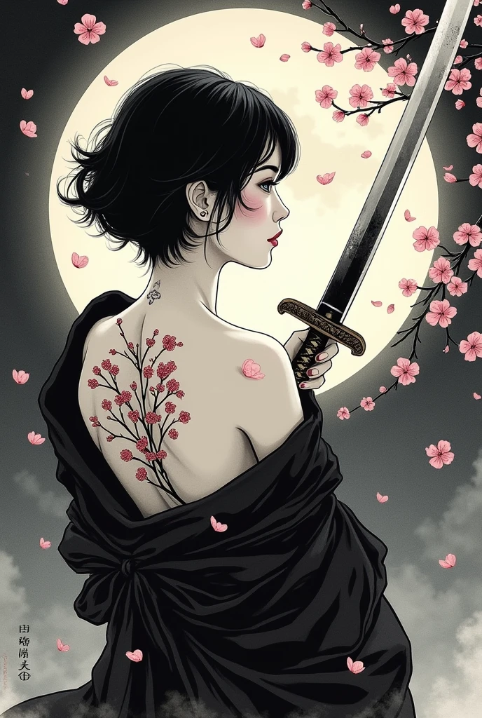 Ink Painting　Japanese sword　Beauty　Black and White　Gal　Moonlit Night　short hair　Cherry blossom tattoo on the back
