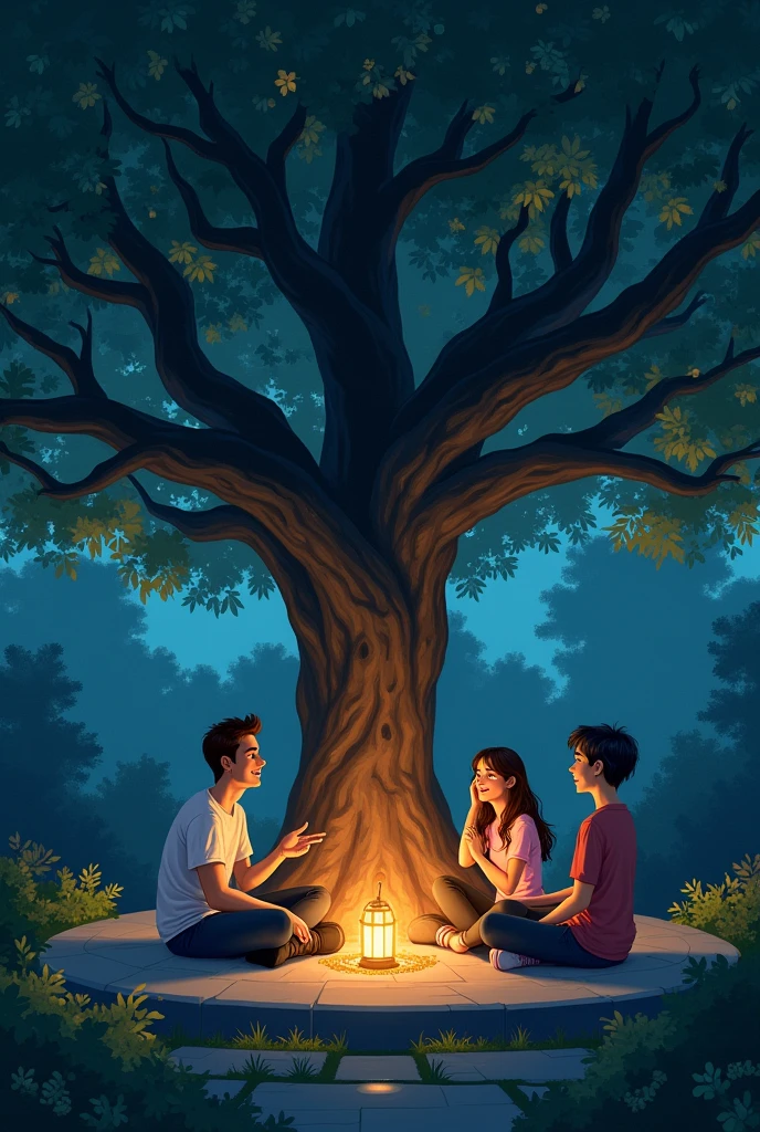 Two men and their two female friends are sitting and talking under a tree in the garden at night. There is a circular platform around the tree on which these people are sitting and talking. Both the couples were sitting at a little distance from each other.