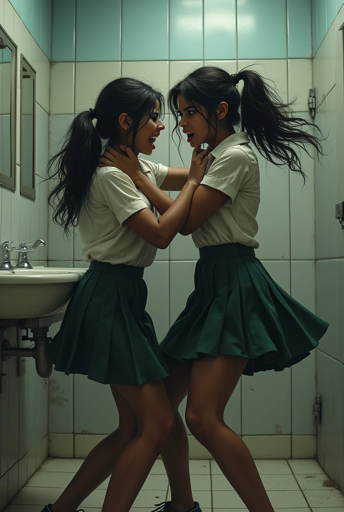 A fight between 2 Indian girls wearing skirts. In school girls bathroom angry face. Try to defeat each other in fight .