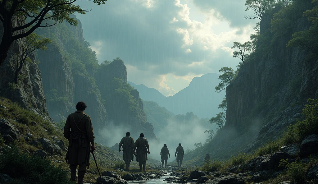 A rugged landscape with dense forests, rocky terrain, and stormy skies, emphasizing the harsh conditions of the New World.