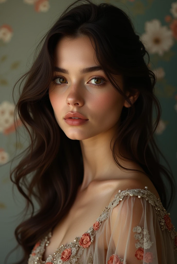 Une jeune fille de 21 ans , brune , Brown eyes , small-nose, luscious mouth, with straight hair