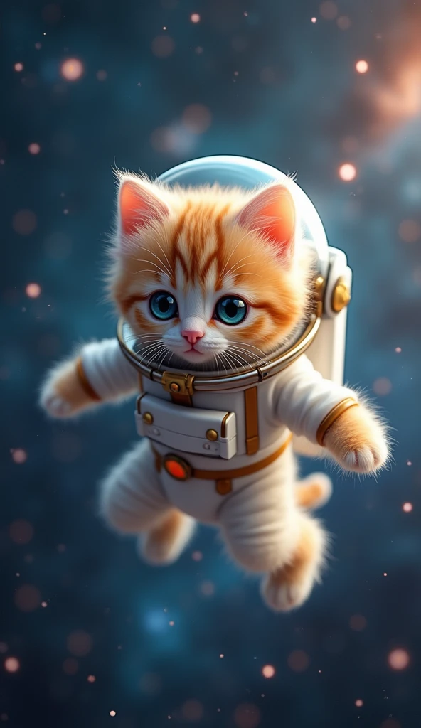 Cute miniature 'light orange and white' kitten as astronaut flying in the space, stars and galaxy as background.