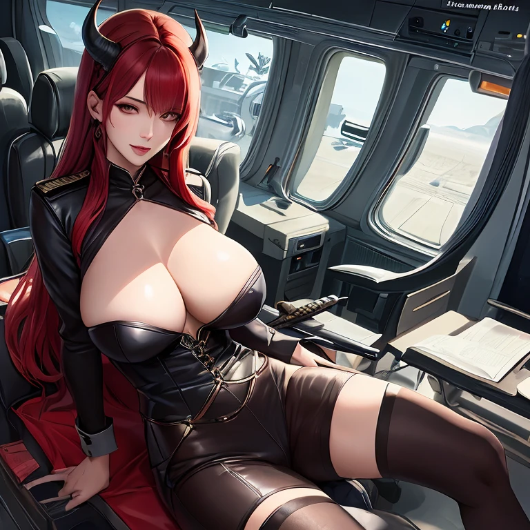 Very beautiful mature milf demon with red hair and red eyes,Horns,tail and richly dressed with a sword and large breasts